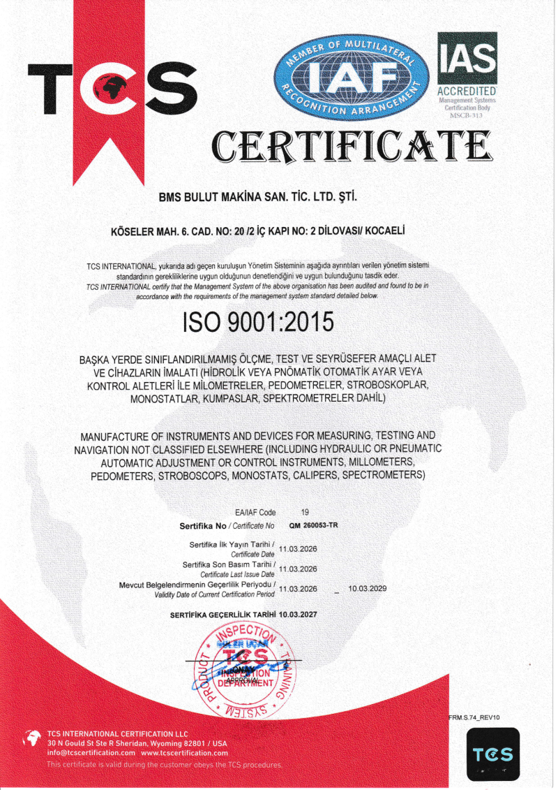 BMS Bulut Makina ISO 9001:2015 Certificate